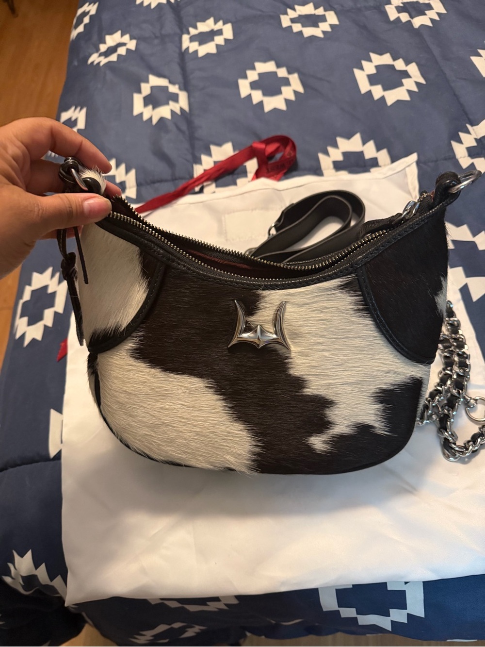 Cowhide Crossbody Bag with Silver Hardware - Black & White